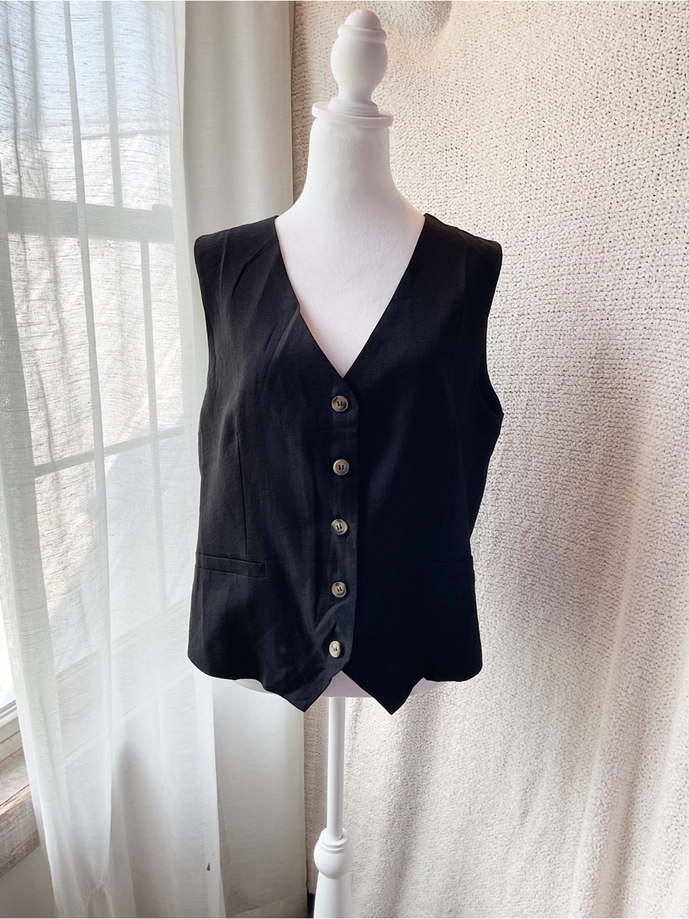 Black V-Neck Button Front Vest Top